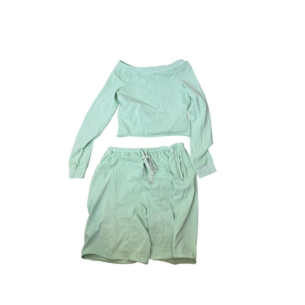 Free People Lounge Set Women Small Green Off Shoulder Top Bermuda Shorts Pockets